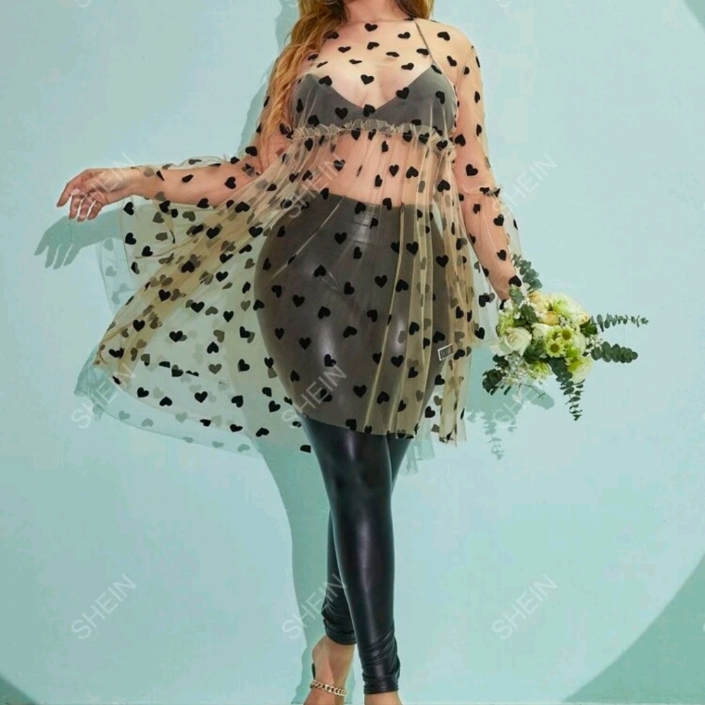 NEW-PLUS Size Flounce Sleeve Frill Trim Heart Mesch Top